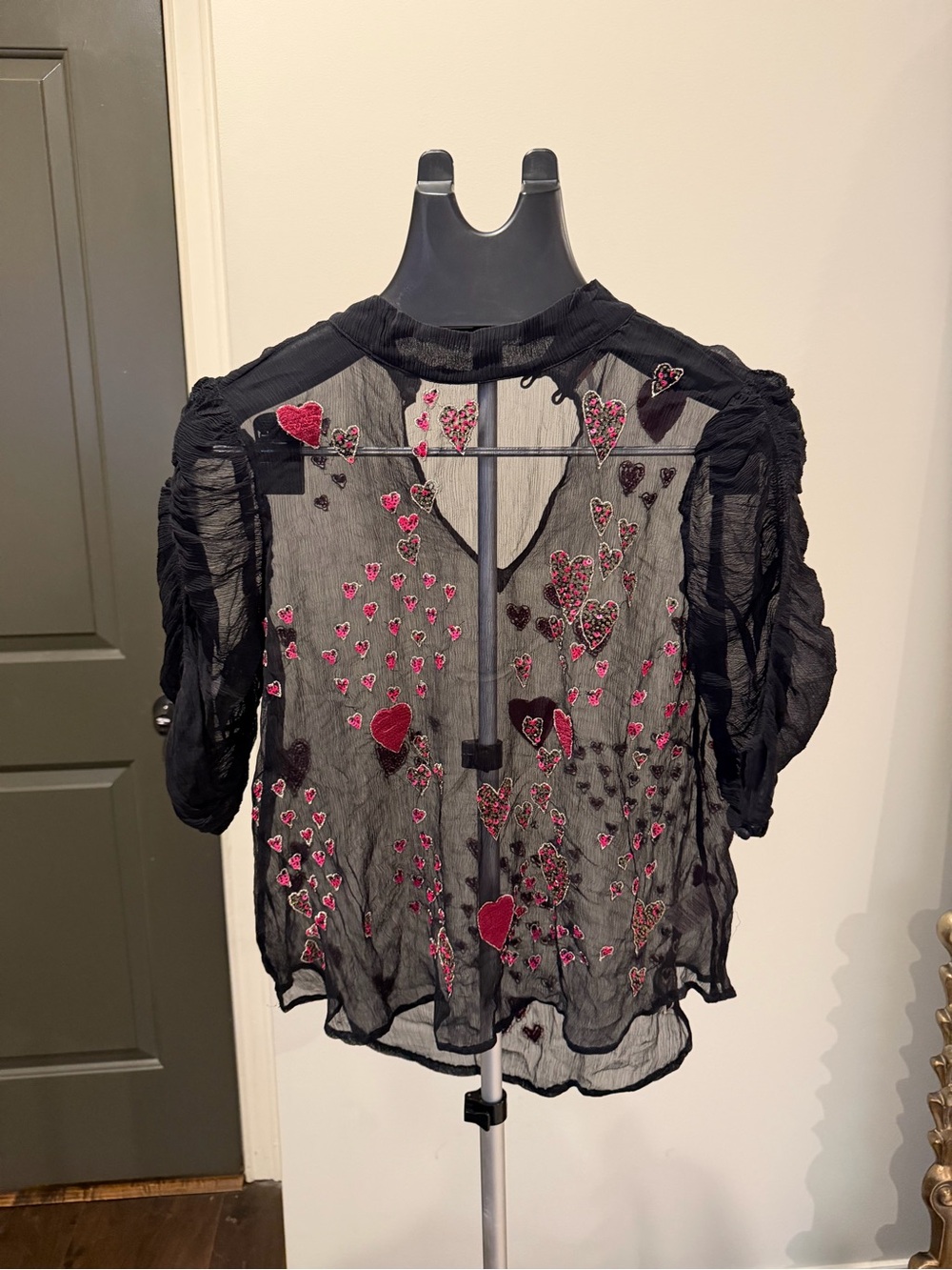 Free People Sheer Black Blouse with Pink & Red Heart Embroidery XS